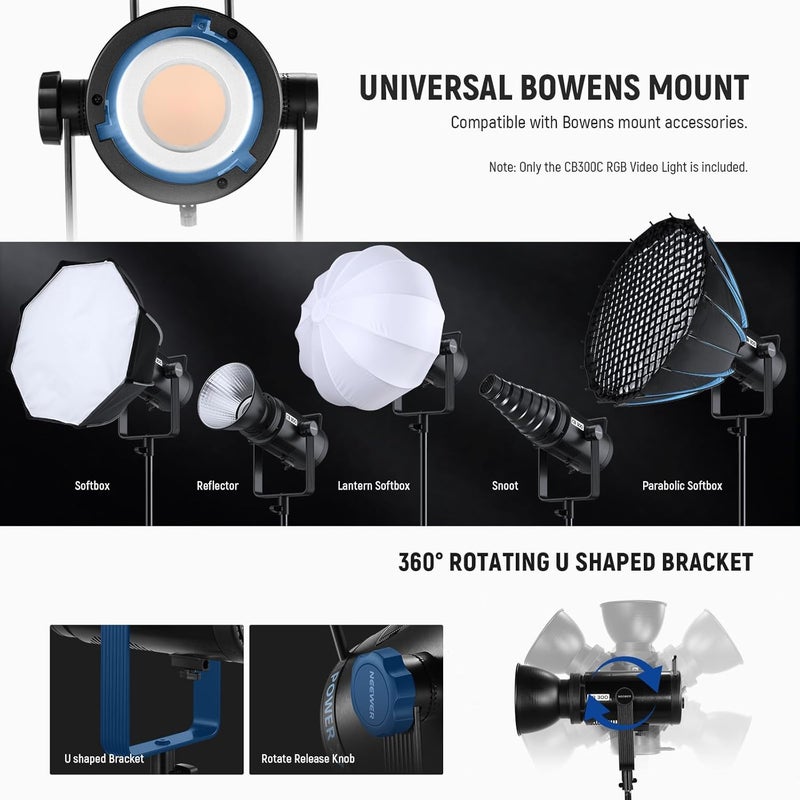 NEEWER CB300C RGB LED Video Light – 300W Full Color Bowens Mount with Reflector, APP/2.4G Remote Control, 2500-7500K, CRI97+, 29600Lux@1m, 17 Lighting Effects – Studio Filming & Photography - Image 5