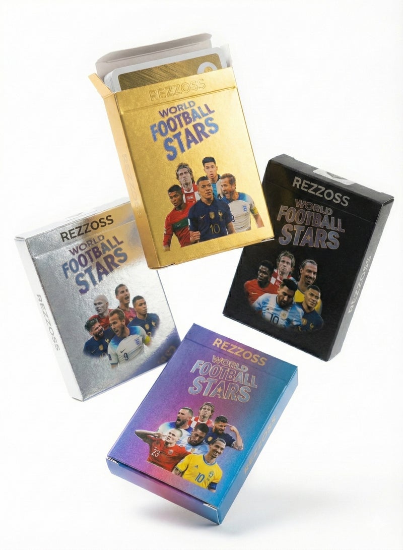 REZZOSS World Football Stars Trading Cards 4-Pack Bundle (220 Pcs) – Gold, Silver, Black & Color Box Set | Lionel Messi, Ronaldo & Mbappe Soccer Player Collectible Cards | Waterproof PVC Strategy Game Deck | Birthday Party Favors Gift for Kids - Image 1