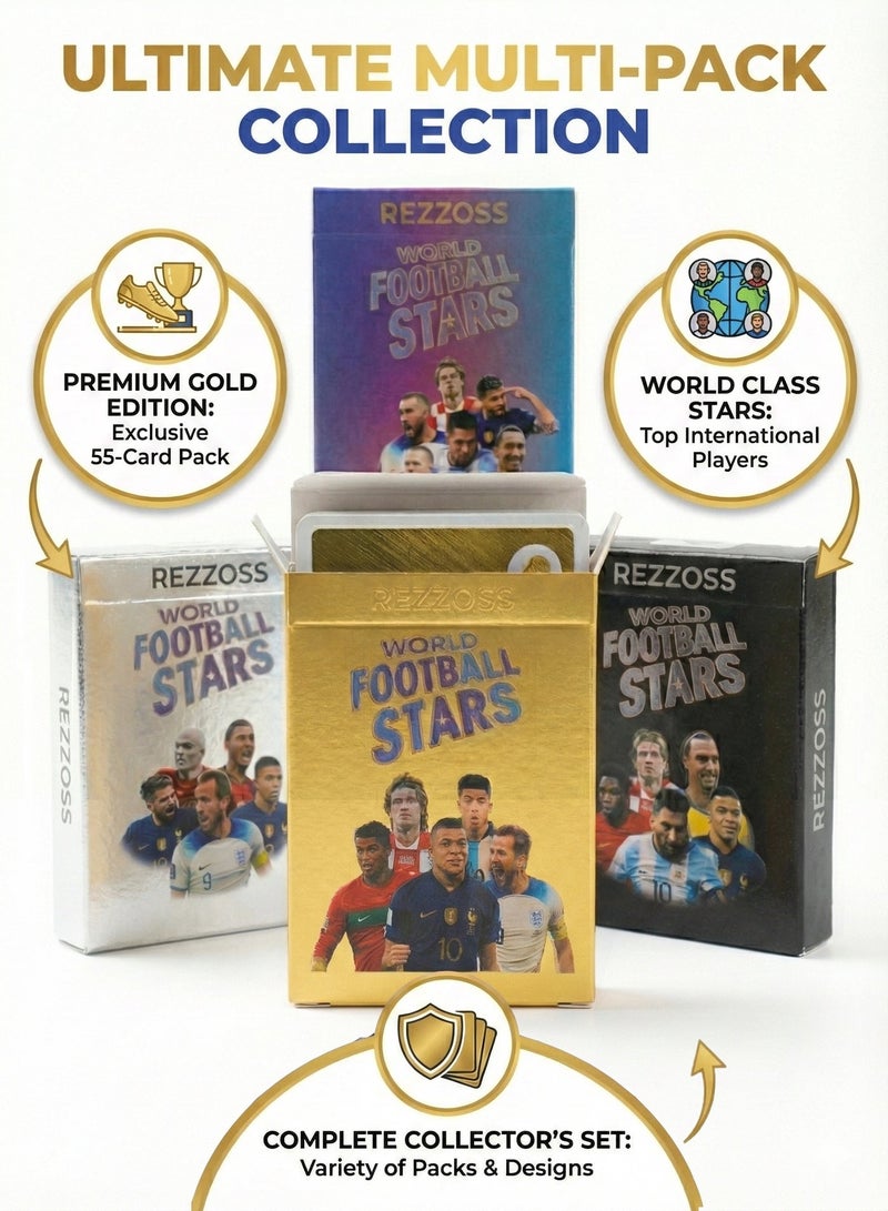 REZZOSS World Football Stars Trading Cards 4-Pack Bundle (220 Pcs) – Gold, Silver, Black & Color Box Set | Lionel Messi, Ronaldo & Mbappe Soccer Player Collectible Cards | Waterproof PVC Strategy Game Deck | Birthday Party Favors Gift for Kids - Image 2