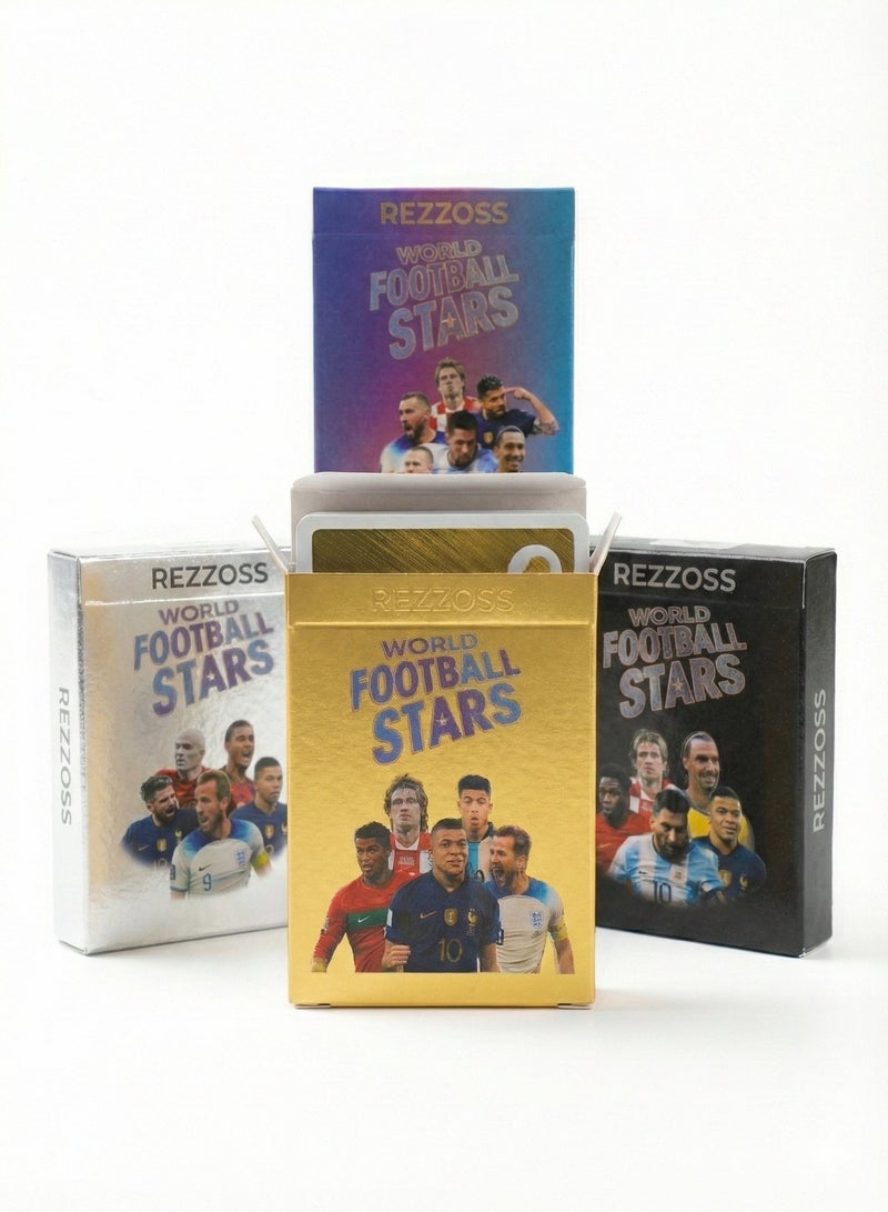 REZZOSS World Football Stars Trading Cards 4-Pack Bundle (220 Pcs) – Gold, Silver, Black & Color Box Set | Lionel Messi, Ronaldo & Mbappe Soccer Player Collectible Cards | Waterproof PVC Strategy Game Deck | Birthday Party Favors Gift for Kids - Image 3