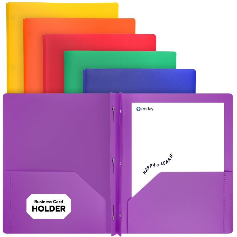 Enday Plastic Folders with Pockets and Prongs, Two Pocket Folder with Brads, 3 Prong Folders with Pockets for Letter Size Sheets, Asstd Colors in Purple, Blue, Green, Yellow, Orange & Black, 6 Pc - - Image 1