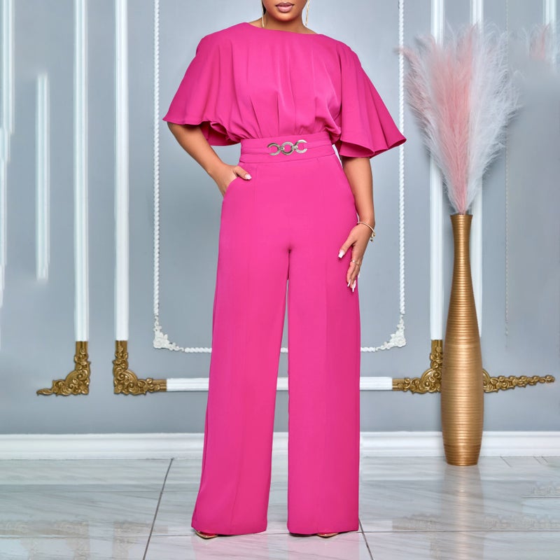 Summer Fashion Round Neck Solid High-Waist Plus-Size Jumpsuit Green - Image 4