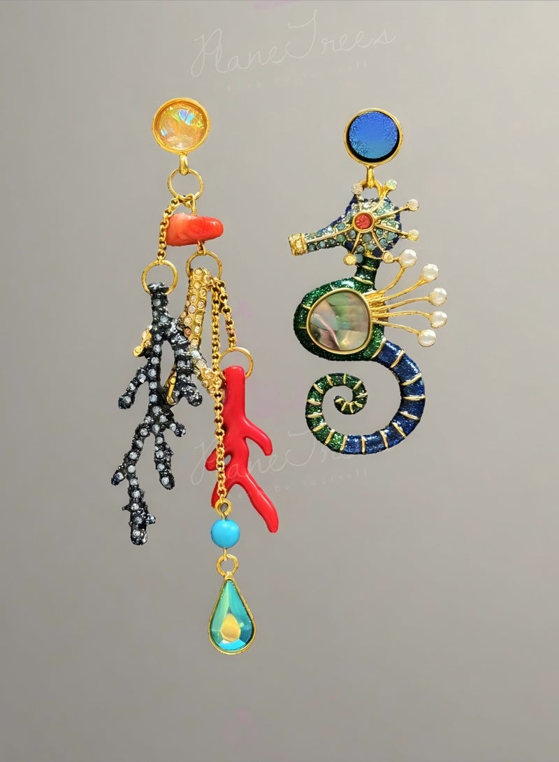 Plane Trees Asymmetrical Seahorse & Coral Drop Earrings – Ocean-Inspired Statement Jewelry with Enamel and Beads - Image 1