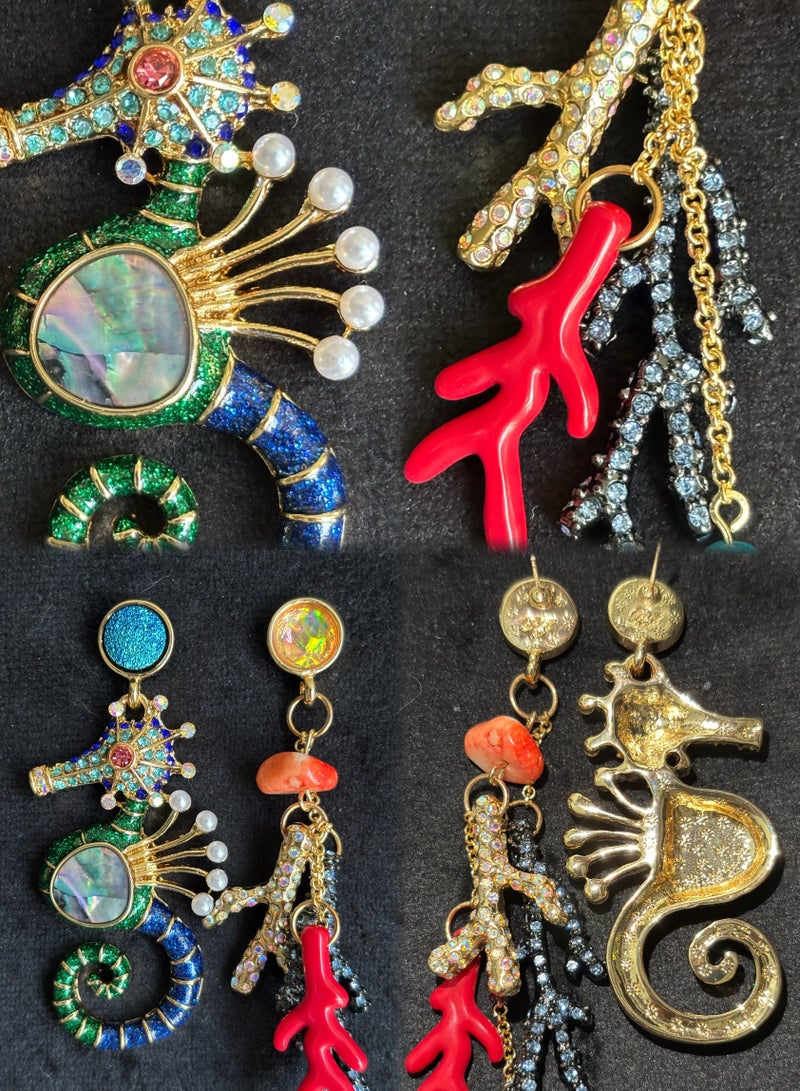 Plane Trees Asymmetrical Seahorse & Coral Drop Earrings – Ocean-Inspired Statement Jewelry with Enamel and Beads - Image 2