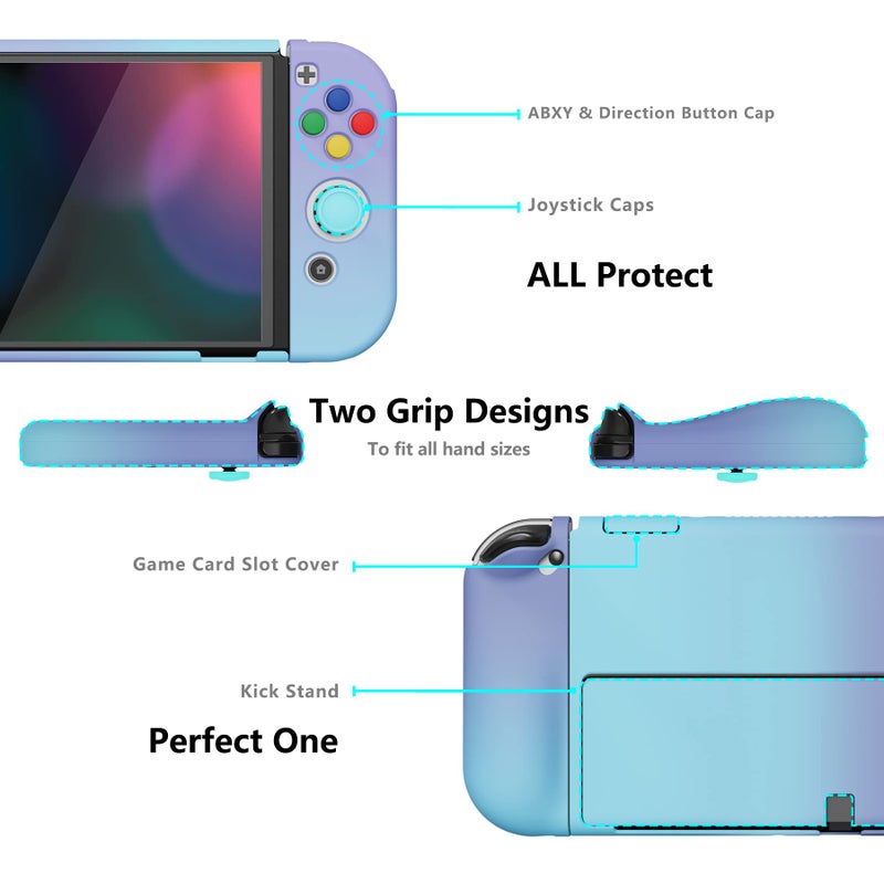 PlayVital AlterGrips Protective Slim Case for Nintendo Switch OLED, Ergonomic Grip Cover for Joycon, Dockable Hard Shell for Switch OLED w/Thumb Grip Caps & Button Caps - Gradient Violet Blue - Image 3