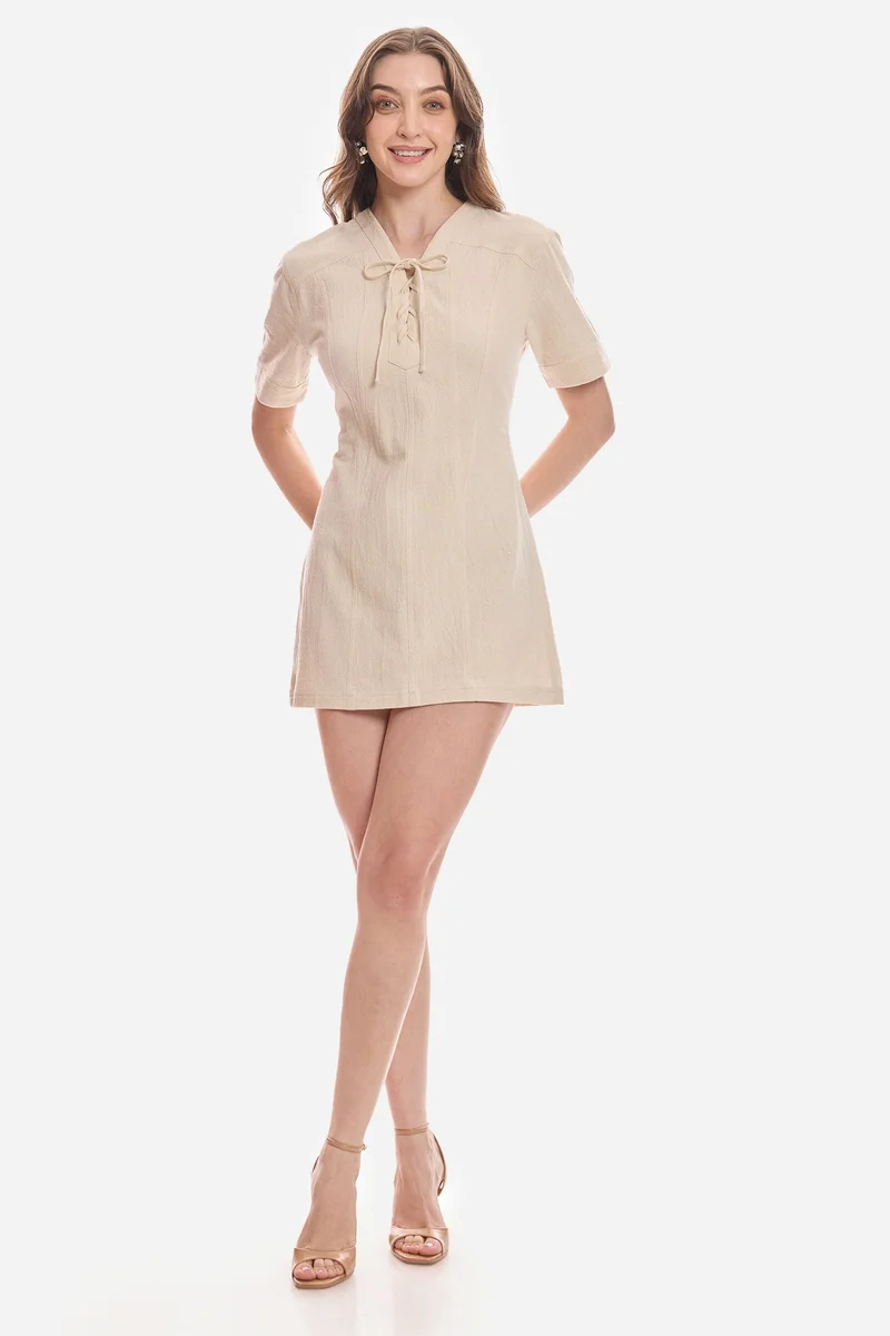 فيرجيو Solid Cotton Lace-Up Shirt Dress for Women