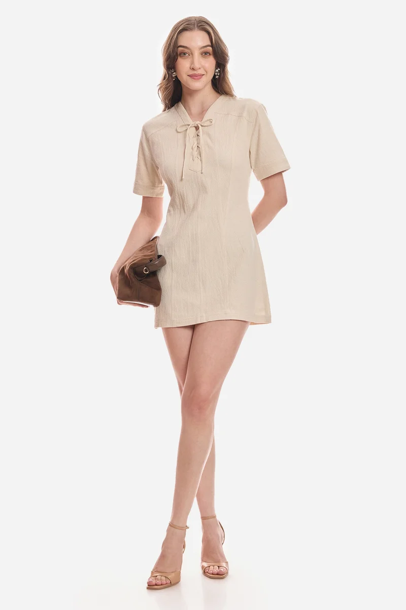 فيرجيو Solid Cotton Lace-Up Shirt Dress for Women