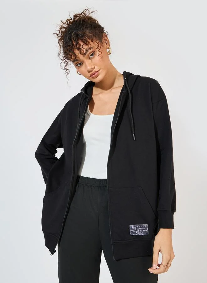 Styli  Oversized Zip Through Hoodie with Badge Detail for Women | Best Price UAE