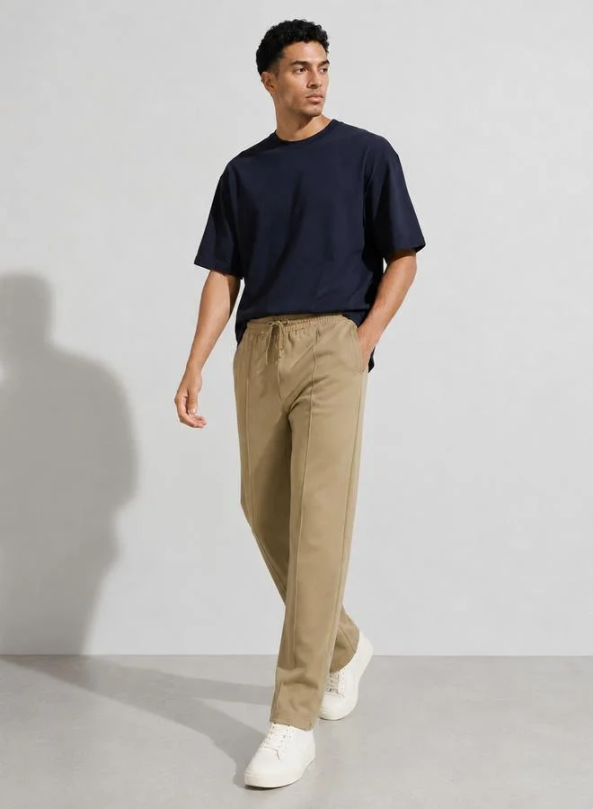 Styli Men Khaki Plain Pintuck Joggers