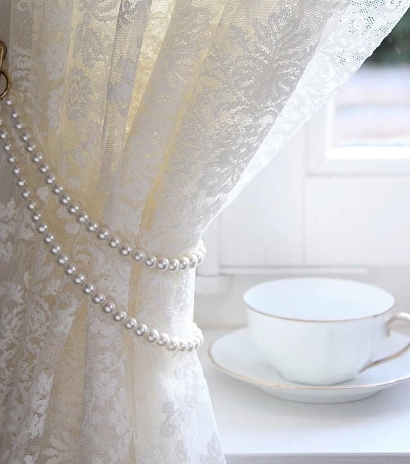 ZILucky Set of 2 Curtain Tie Backs Elegant Pearl Tiebacks Handmade Window Treatment Classical Romantic Style Decor Accessories WhiteStyle2