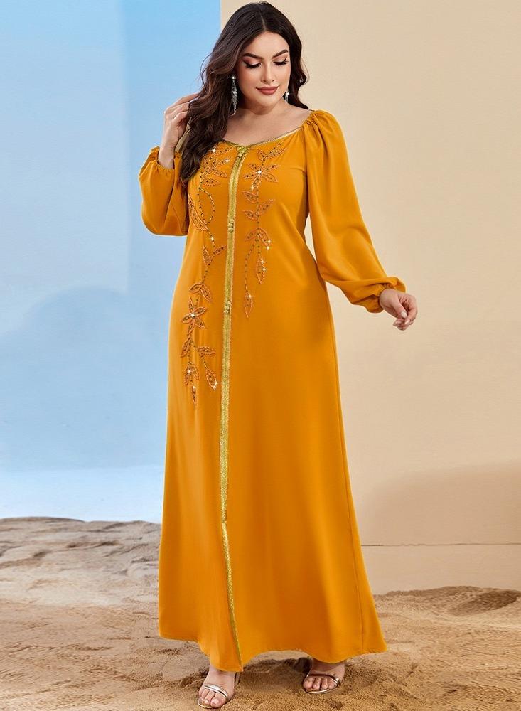 Saraia عباءة برتقالية مزخرفة أنيقة بأكمام طويلة وفتحة جانبية - Image 5
