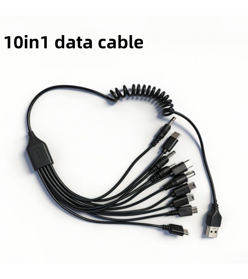 أسود، طقم كابل شحن عالمي بطول 10 بوصات مزود بـ 10 رؤوس قابلة للتبديل ومنفذ USB للهواتف المحمولة - Image 1
