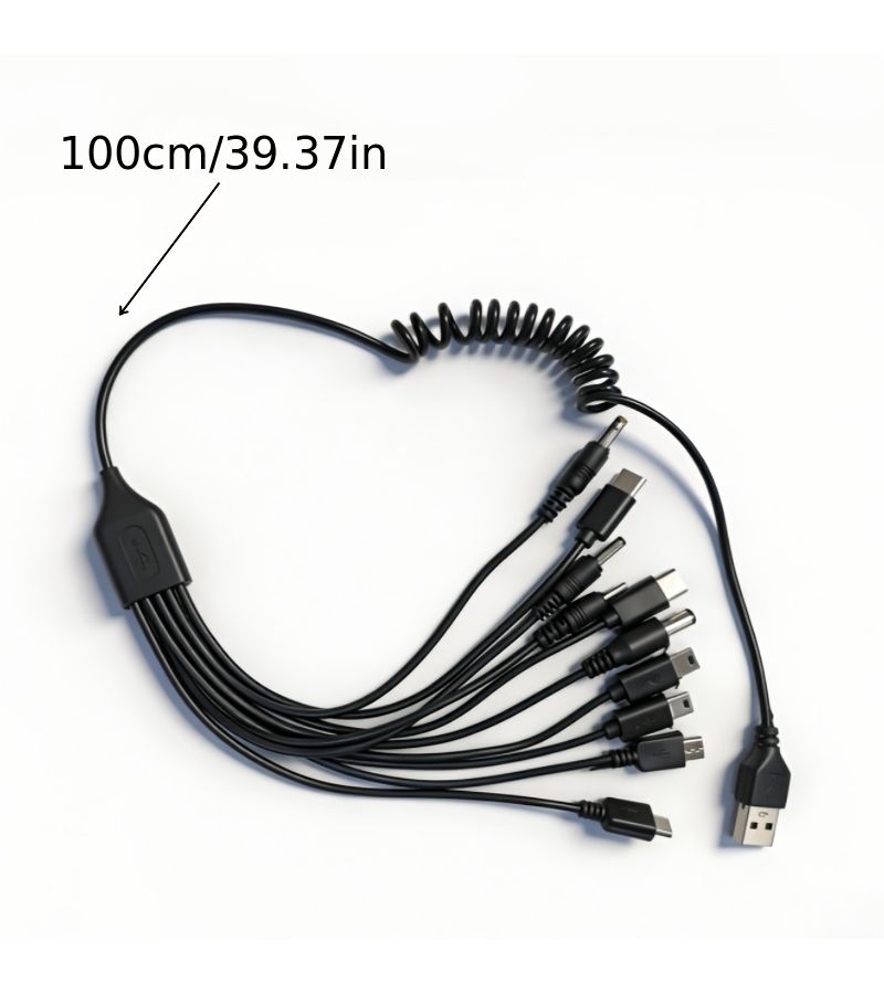 أسود، طقم كابل شحن عالمي بطول 10 بوصات مزود بـ 10 رؤوس قابلة للتبديل ومنفذ USB للهواتف المحمولة - Image 2