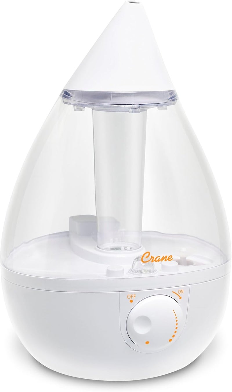 Crane White Teardrop Ultrasonic Cool Mist Humidifier, 1 Gallon Auto Shut-Off for Large Room, Baby Nursery, Bedroom Office, Clear & White - Image 1