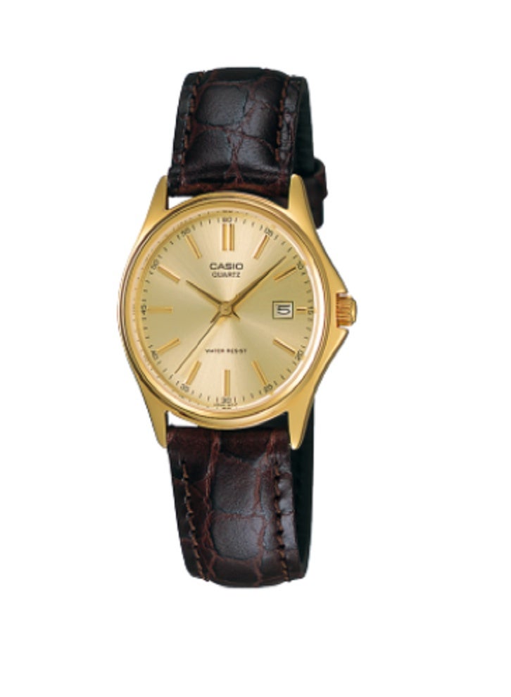 ساعة كاسيو النسائية كوارتز أنالوج - مينا ذهبي اللون، سوار جلدي بني، عرض التاريخ، تصميم كلاسيكي أنيق