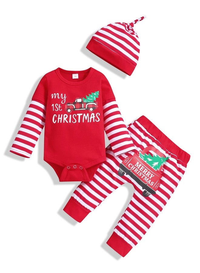 bilison My 1st Christmas Outfit Newborn Baby Boy Long Sleeve Romper Striped Pants with Hat Christmas Clothes Sets - Image 1