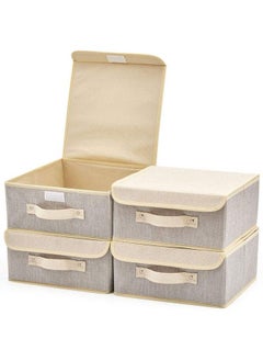 4Pack Small Fabric Storage Basket Bin With Lid Collapsible Storage Box Cube Organizer Container For Nursery Closet Bedroom 10.5 X 10.5 X 5 Inches (Gray & Beige)