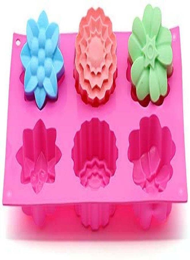Bakefy� Flower Mold Cake Molds 6-Cavity Silicone Flower Shape Cake Molds, Fondant Shape Decorating Ice Cube Trays for Homemade Cake Chocolate Cupcake - Purple Green Pink - Image 1