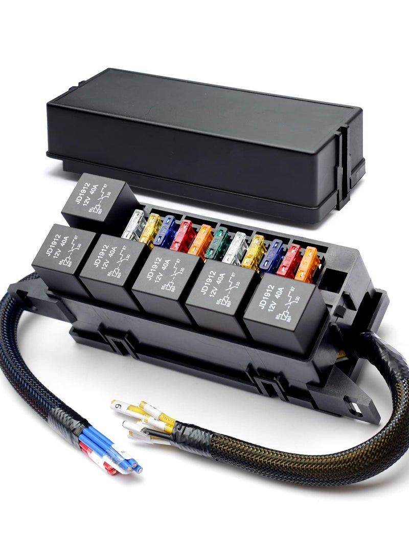 11 Way Fuse Relay Box Block 12V Pre-Wired, Automotive Universal Fuse Block with Relay Panel, 11 Slot Fuse Box and 6 Slot 4 Pin Relay Panel - for Vehicles, Cars, Marine, Boats - Image 1