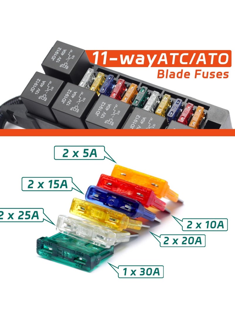 11 Way Fuse Relay Box Block 12V Pre-Wired, Automotive Universal Fuse Block with Relay Panel, 11 Slot Fuse Box and 6 Slot 4 Pin Relay Panel - for Vehicles, Cars, Marine, Boats - Image 2