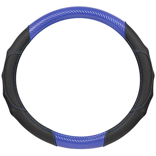 BDK GripDrive Carbon Fiber Steering Wheel Cover, Non-Slip Sporty Racing Faux Leather Ergonomic Comfortable Handle, Steering Wheel Cover for Cars Trucks Vans SUV - Fits Standard 15 Inch - Blue - Image 2