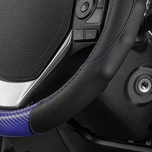 BDK GripDrive Carbon Fiber Steering Wheel Cover, Non-Slip Sporty Racing Faux Leather Ergonomic Comfortable Handle, Steering Wheel Cover for Cars Trucks Vans SUV - Fits Standard 15 Inch - Blue - Image 5