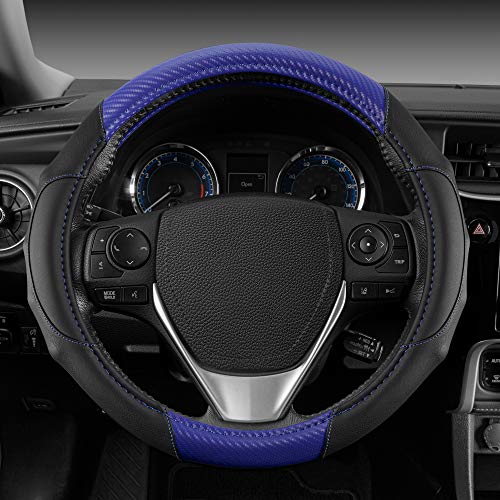 BDK GripDrive Carbon Fiber Steering Wheel Cover, Non-Slip Sporty Racing Faux Leather Ergonomic Comfortable Handle, Steering Wheel Cover for Cars Trucks Vans SUV - Fits Standard 15 Inch - Blue - Image 3
