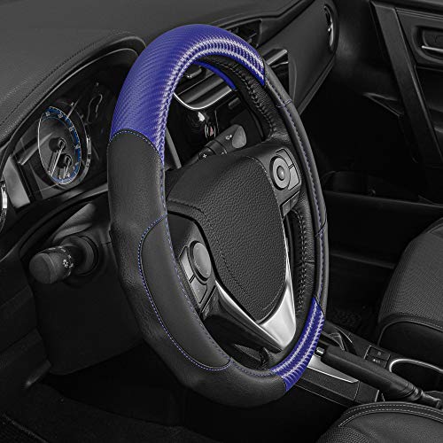 BDK GripDrive Carbon Fiber Steering Wheel Cover, Non-Slip Sporty Racing Faux Leather Ergonomic Comfortable Handle, Steering Wheel Cover for Cars Trucks Vans SUV - Fits Standard 15 Inch - Blue - Image 4