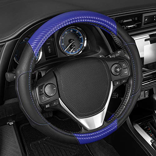 BDK GripDrive Carbon Fiber Steering Wheel Cover, Non-Slip Sporty Racing Faux Leather Ergonomic Comfortable Handle, Steering Wheel Cover for Cars Trucks Vans SUV - Fits Standard 15 Inch - Blue - Image 1