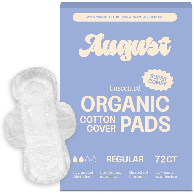 August Regular Cotton Menstrual Pads, 72-Pack Ultra Thin Pads with Wings, Hypoallergenic Sanitary Napkins with Organic Cotton Topsheet, Compostable Wrappers, Toxin Free, Fragrance Free - Image 1