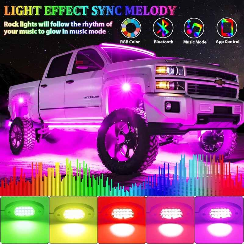 Fimker RGB LED Rock Lights, 4 pods Underglow Multicolor Neon Light Kit Pod Kit with Phone App Bluetooth Control Flashing Music Mode Wheel Well Light for Truck ATV UTV RZR SUV - Image 2