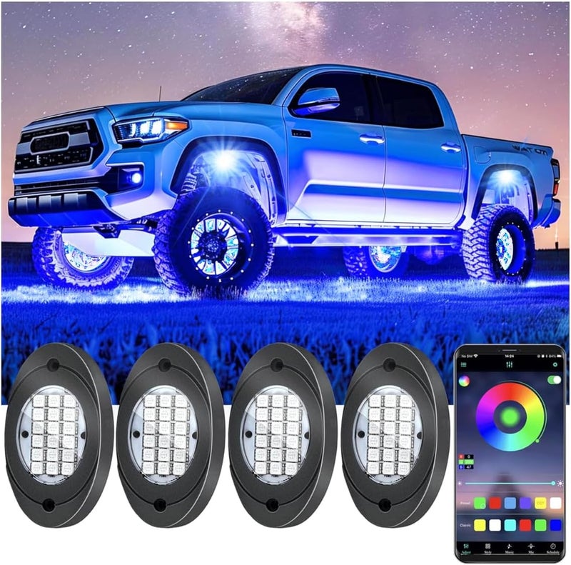Fimker RGB LED Rock Lights, 4 pods Underglow Multicolor Neon Light Kit Pod Kit with Phone App Bluetooth Control Flashing Music Mode Wheel Well Light for Truck ATV UTV RZR SUV - Image 1