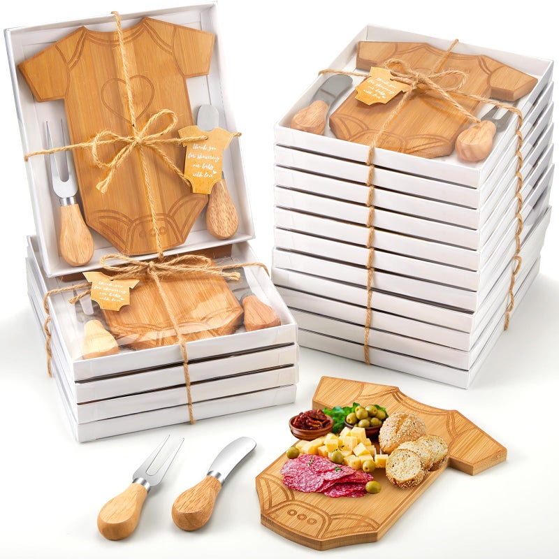 Ziliny 24 Set Baby Shower Gifts for Guest Prizes Clothing Shaped Mini Charcuterie Board Small Cheese Cutting Board Set with Knives Forks Baby Shower Party Favor Thank You Return Gifts (Bamboo Color) - Image 1