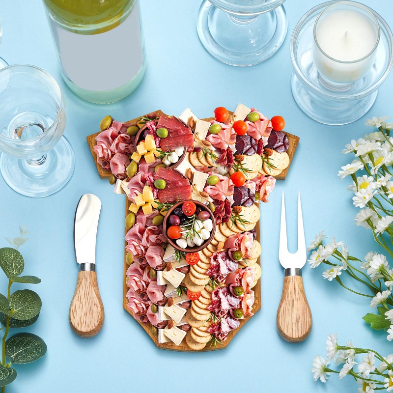 Ziliny 24 Set Baby Shower Gifts for Guest Prizes Clothing Shaped Mini Charcuterie Board Small Cheese Cutting Board Set with Knives Forks Baby Shower Party Favor Thank You Return Gifts (Bamboo Color) - Image 5