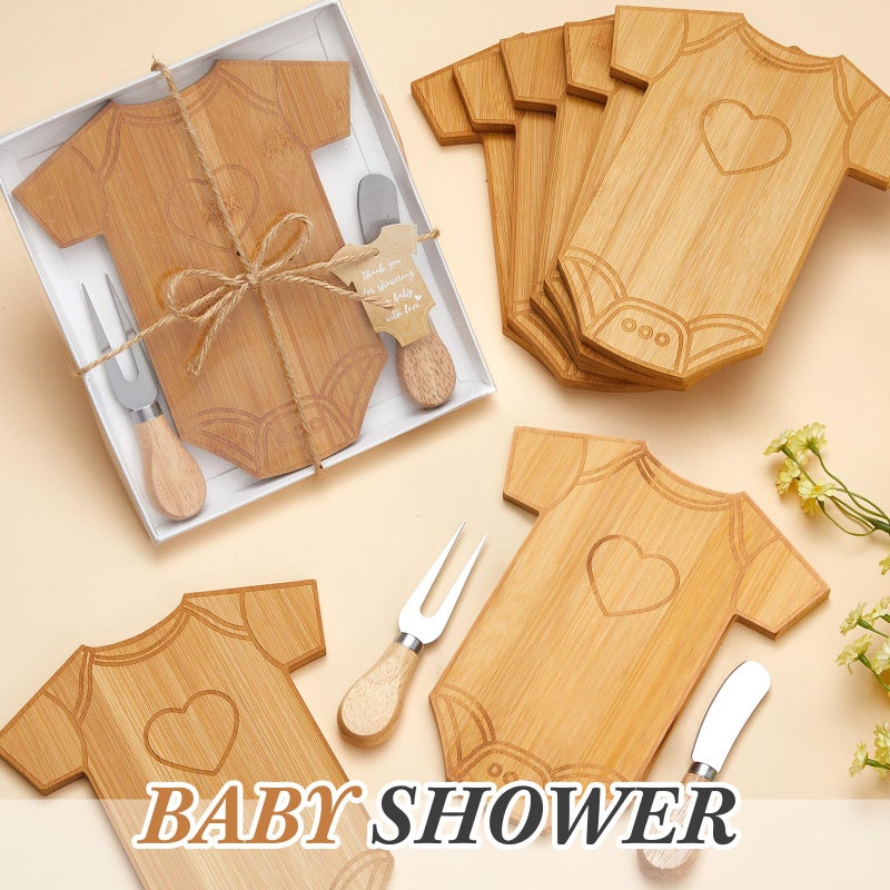 Ziliny 24 Set Baby Shower Gifts for Guest Prizes Clothing Shaped Mini Charcuterie Board Small Cheese Cutting Board Set with Knives Forks Baby Shower Party Favor Thank You Return Gifts (Bamboo Color) - Image 4