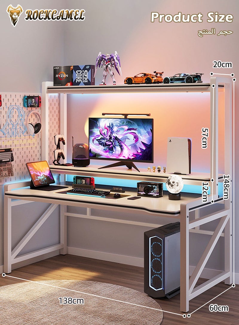 ROCKCAMEL Three-Layer Gaming Desk, Computer Desk 138cm, Home Office Desk, Ergonomic Computer Desktop Study Table, 1.5cm Thickened Panels And Sturdy Steel Frame, Suitable For Study And Game Players (Length 138cm* Width 60cm* Height 150cm) - Image 3