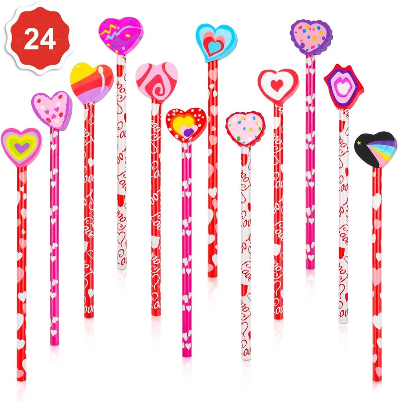 Konsait 2 Dozen 24 Valentine Pencils Assortment with Giant Eraser Topper Decorated with Love Hearts Candies Stars for Valentines Day accessories Party Bag Goodie Bag Filler Favor Supplies Teacher - Image 1