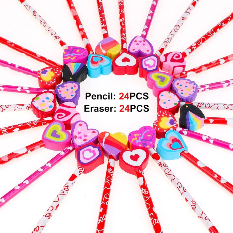 Konsait 2 Dozen 24 Valentine Pencils Assortment with Giant Eraser Topper Decorated with Love Hearts Candies Stars for Valentines Day accessories Party Bag Goodie Bag Filler Favor Supplies Teacher - Image 3
