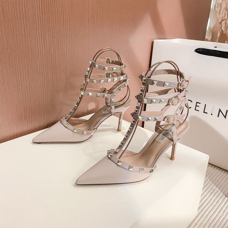 Metal Rivet Closed Toe Back Empty Sandals Fashion Pointed High Heels Roman Strap Stiletto Heel Sandals - Image 4
