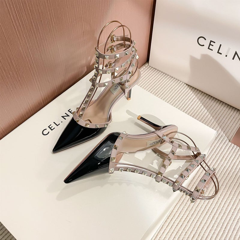 Metal Rivet Closed Toe Back Empty Sandals Fashion Pointed High Heels Roman Strap Stiletto Heel Sandals - Image 3
