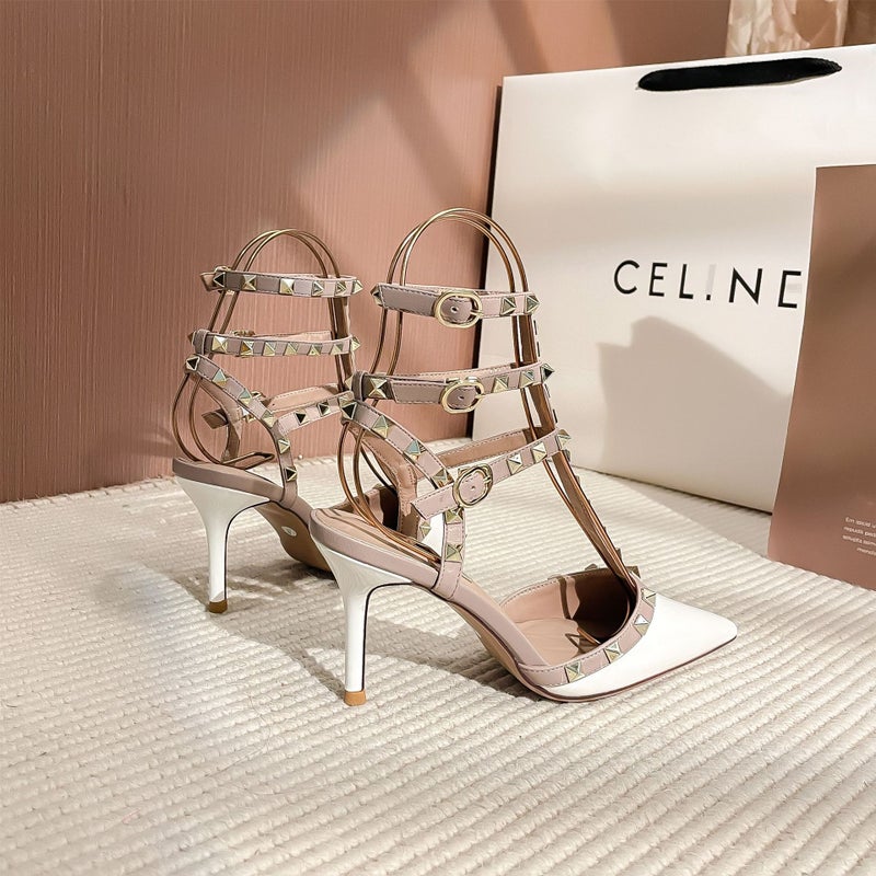 Metal Rivet Closed Toe Back Empty Sandals Fashion Pointed High Heels Roman Strap Stiletto Heel Sandals - Image 1