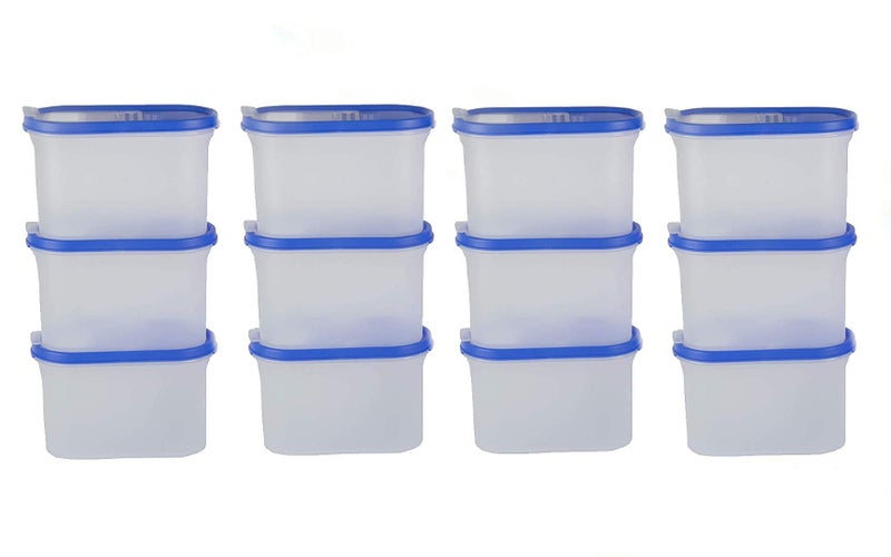 Cutting EDGE Flip-Top Modular Dispenser Containers Oval Set for Rice, Dal,Atta, Flour, Cereals, Pulses, Snacks, Stackable 1200 ML Set of 12 - Blue Lids (Free Plain Lids Extra for Each Container) - Image 1