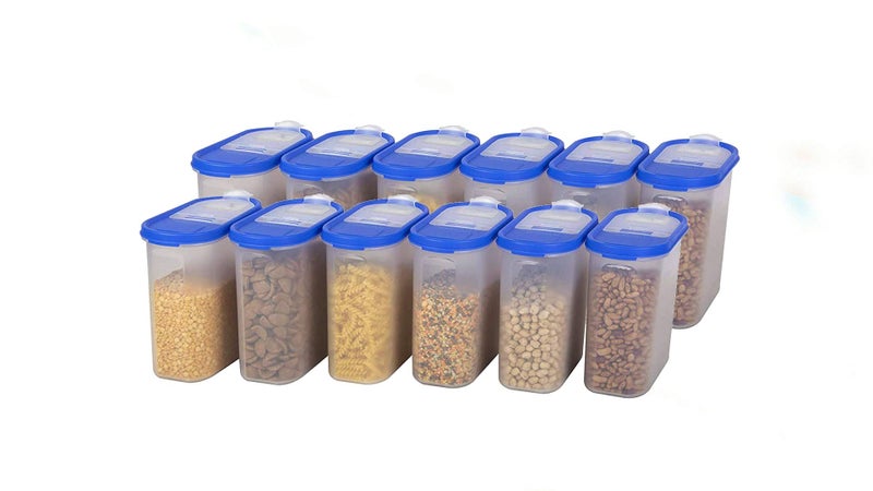 Cutting EDGE Flip-Top Modular Dispenser Containers Oval Set for Rice, Dal,Atta, Flour, Cereals, Pulses, Snacks, Stackable 1200 ML Set of 12 - Blue Lids (Free Plain Lids Extra for Each Container) - Image 2