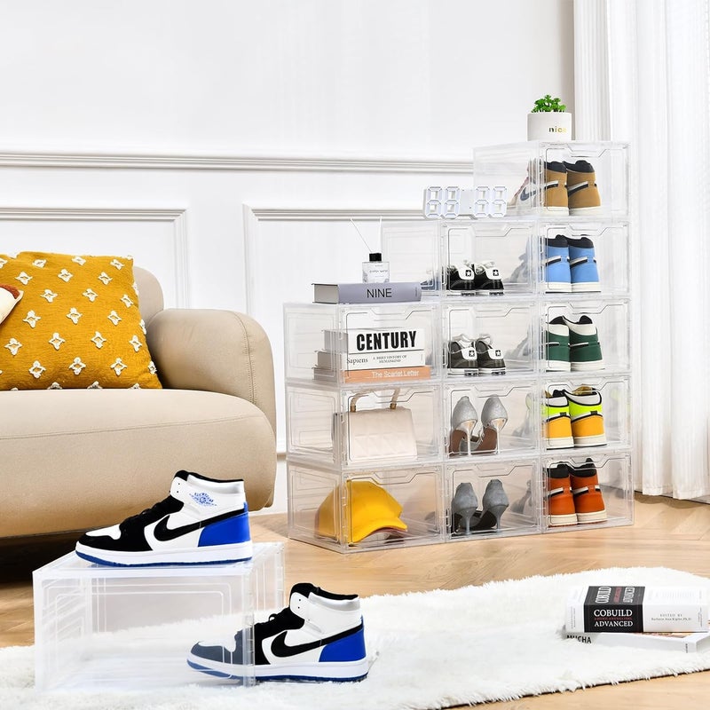 LEVGRY Large Clear Shoe Box Plastic Stackable Shoe Containers Shoe Storage Organizer Box with Magnetic Door Side Open Shoe Box for Display Sneakers Easy Assembly 8