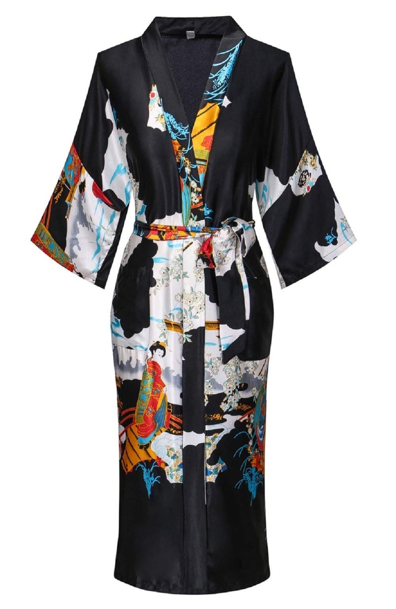 Womens Silky Kimono Robes Long Satin Bathrobes Sleepwear Loungewear Black