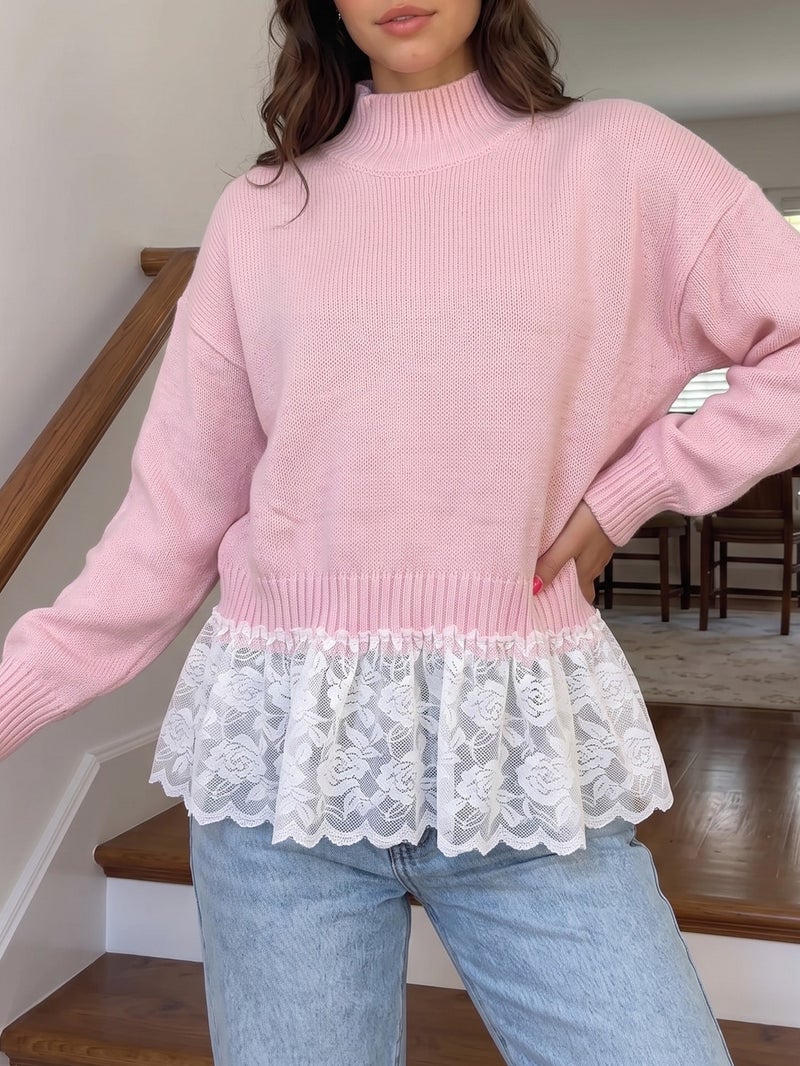 WU Women's Lace Rose Mesh Patchwork Loose Pullover Sweater, High Neck Long Sleeve, Winter 2026 - Image 2