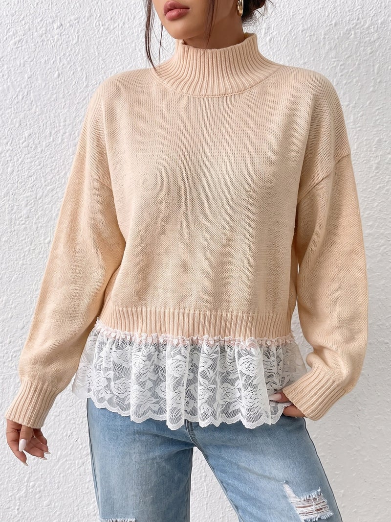 WU Women's Lace Rose Mesh Patchwork Loose Pullover Sweater, High Neck Long Sleeve, Winter 2026 - Image 5
