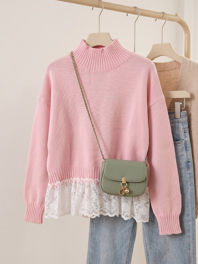 WU Women's Lace Rose Mesh Patchwork Loose Pullover Sweater, High Neck Long Sleeve, Winter 2026 - Image 1