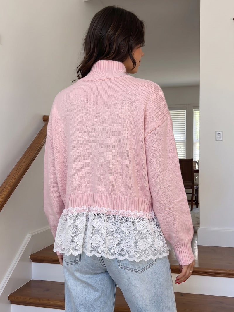 WU Women's Lace Rose Mesh Patchwork Loose Pullover Sweater, High Neck Long Sleeve, Winter 2026 - Image 3