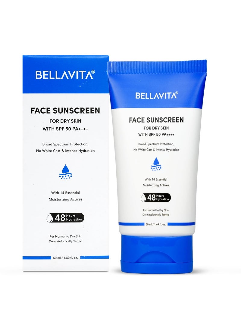 BELLAVITA SPF 50 For Dry Skin|SPF 50 PA++++|Broad Spectrum Protection | No White Cast | Water & Sweat Resistant|Dermatologically Tested|Hydrating Sunscreen|48hrs Hydration | 50ml  - Image 1